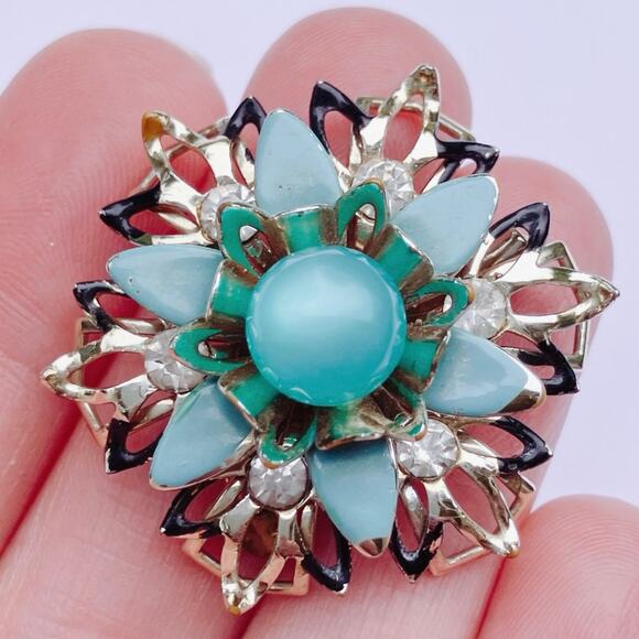 VTG Mid Century Brooch Moonglow Cab Floral Blue Enamel Rhinestones Gold Tone Pin - Picture 5 of 9